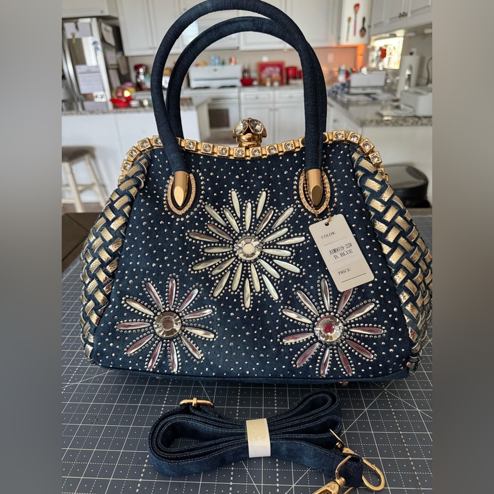 GORGEOUS BLING rhinestone dark denim flower purse!! BRAND NEW!!